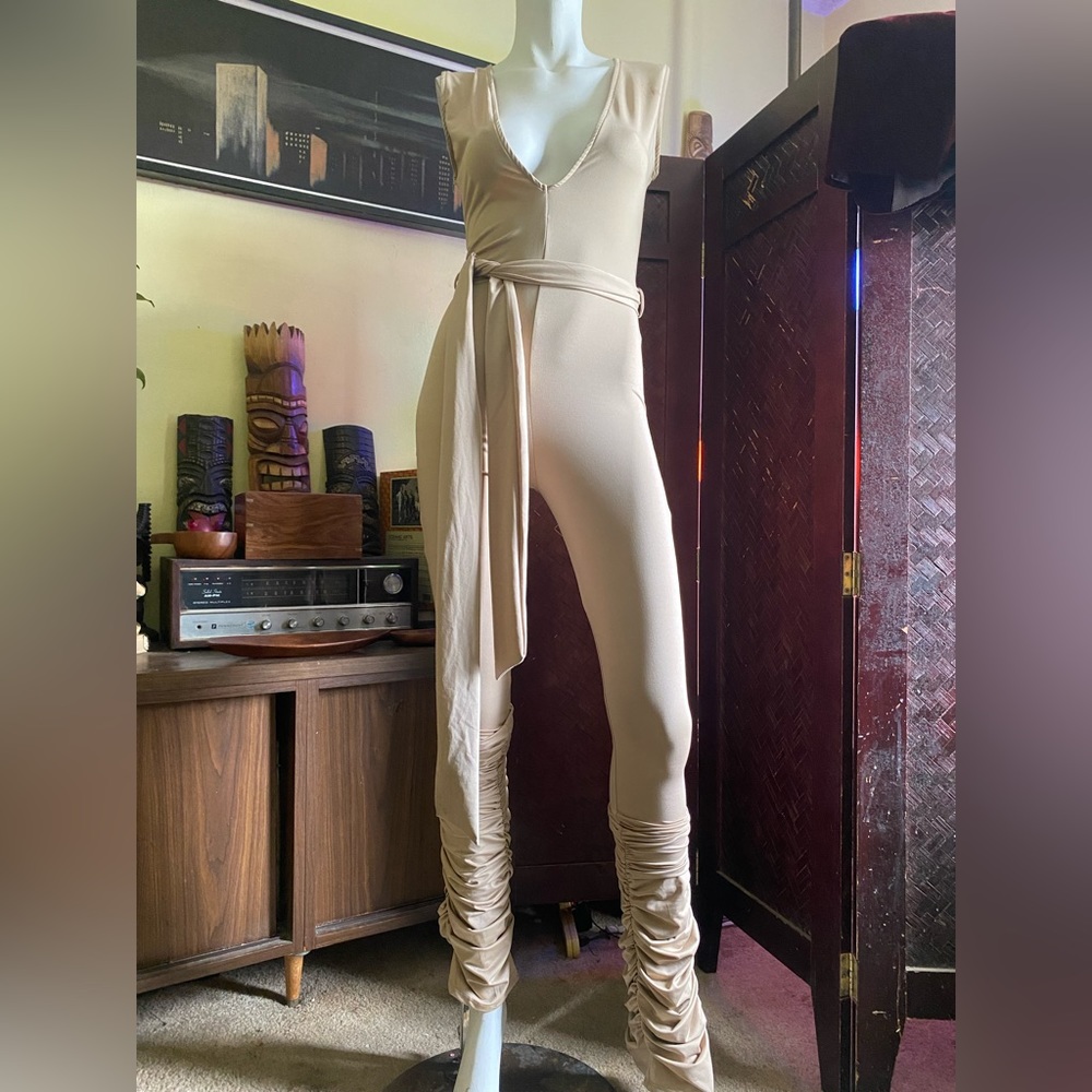 Ladies rockstar glamour nude body pantsuit ruched leg rockstar bougie hip hop